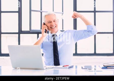 Aufnahme eines erfolgreichen Geschäftsmannes, der mit jemandem auf dem Handy spricht und an seinem Arbeitsplatz feiert, während er vor dem Laptop sitzt. Stockfoto