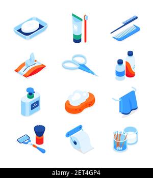 Körperpflege - Moderne bunte isometrische Symbole isoliert auf weißem Hintergrund gesetzt. Zahnpasta, Zahnbürste, Toilettenpapier, Seife, Schere, Handtuch, Cott Stock Vektor