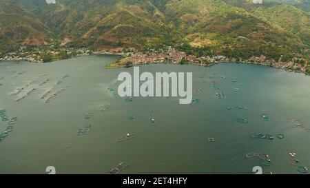 Luftaufnahme der Fischzucht mit Käfigen für Fische und Garnelen auf dem See Taal, Philippinen, Luzon. Fischteiche für bangus, milchfisch. Stockfoto