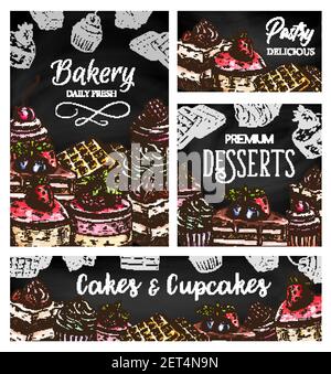 Kuchen und Cupcakes skizzieren Vektor-Poster, Konditorei Desserts und Süßigkeiten auf Tafel. Gravierte Patisserie-Kuchen, Schokoladenmuffins, belgische Waffeln Stock Vektor