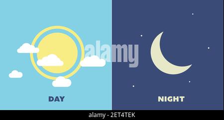 Halber Tag Nacht von Sonne und Mond mit Wolken. Dunkle und helle Modi. Vektor Stock Vektor