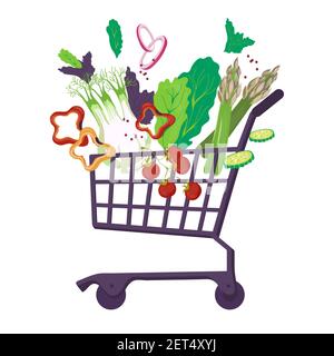 Einkaufswagen-Trolley voll von gesunden frischen Gemüse, flache Vektor-Illustration isoliert auf weißem Hintergrund. Supermarkt Warenkorb mit vegetari Stock Vektor