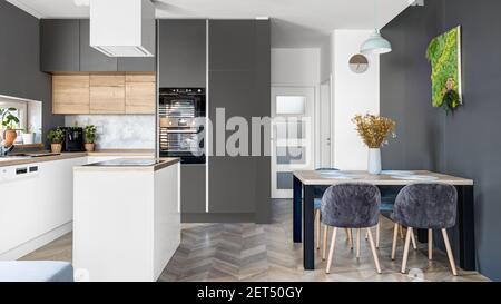 Eine moderne Küche mit einer Insel in der Mitte Ein Zimmer Stockfoto