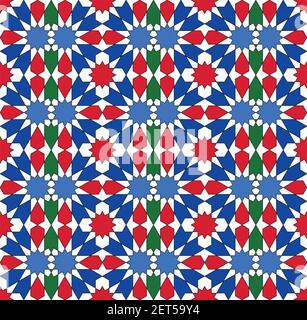 Nahtlose geometrische Ornament auf der Grundlage der traditionellen islamischen Kunst. . großes Design für Stoff, Textil, Abdeckung, Geschenkpapier, Hintergrund. Rot, blau, grün und wh Stock Vektor