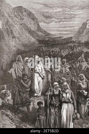 Marsch der Israeliten. Der Prophet Moses führt die Israeliten aus Ägypten und durch die Wüste auf den Berg Sinai. Aus Cassells Universal History, veröffentlicht 1888. Stockfoto