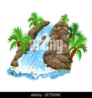 Wasserfall im Dschungel isoliert auf weißem Hintergrund.Landschaft mit Wasserfallkaskade, Berge und Palmen.Element für Landschaft Design.Vektor-Illustration Stock Vektor