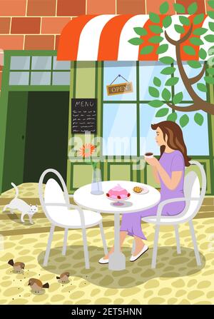 City Street Cafe Sommerszene. Mädchen sitzt im Freien Restaurant Tisch Terrasse unter Baum hält Cappuccino Kaffeetasse und genießt den Moment. Katze auf der Treppe und Vögel picken Samen auf der Straße. Vector eps-Poster Stock Vektor