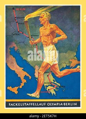 Olympische Spiele Berlin 1936 Vintage Propaganda Poster Nazi-Deutschland Olympische Spiele Fackellauf von Griechenland nach Berlin Deutschland 'fackelstaffellauf Olympia-Berlin' Stockfoto