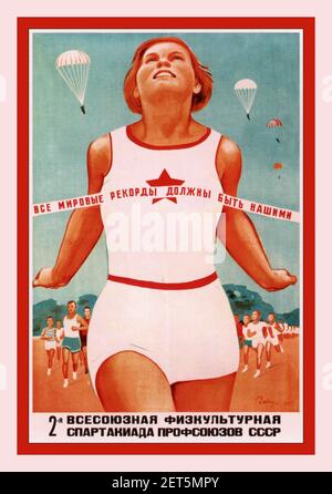 UdSSR 1930er Jahre Sport Propaganda Poster CCCP 'Alle Weltrekorde sollten uns gehören' Russland Sowjetunion Künstler Govorkov V. 1935. Stockfoto