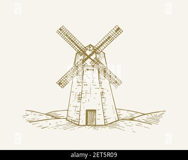 Handgezeichnete Ländliche Gebäude Landschaft Vektor Illustration. Skizze Der Windmühle. Dorf Mühle Haus Doodle. Isoliert Stock Vektor