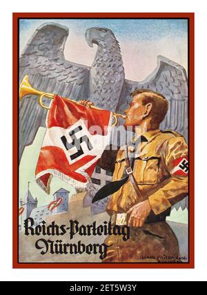 Vintage Nazi-Propagandakarte 1936 Reichsparteitag Nürnberg', Parteikonferenz-Kartenplakat, Illustration SA-Mann mit Hakenkreuzarmband als Fanfare-Bläser, Kaiseradler und Nürnberger Burg, signiert R. Borrmeister, Verlag Photo-Hoffmann München Deutschland Stockfoto