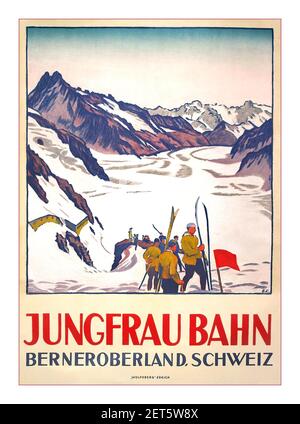 Vintage 1900 Ski Ski Travel Poster von Emil Cardinaux (1877-1936) Jungfrau Bahn, Berner Oberland Schweiz, original Poster gedruckt von Wolfsburg Zürich Schweiz 1919 Stockfoto