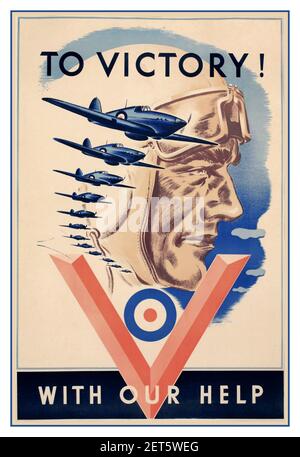VINTAGE WW2 PROPAGANDA POSTER zu Victory! Vintage Poster (Künstler: Taber) Kanada c.. 1941 mit unserer britischen Hilfe mit der Lieferung von Hawker Hurricanes gespendet, um Kanadas Kriegsanstrengungen...gedruckt von Massey-Harris für den Vertrieb in England c,1940s WW2 Zweiten Weltkrieg Taber (Daten unbekannt) an Victory - mit unserer Hilfe Hurricanes, original Poster gedruckt von Massey Harris Press, Toronto Kanada 1941 Stockfoto