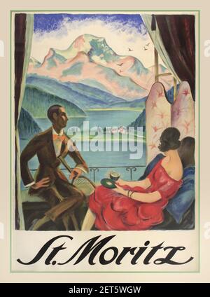 Vintage St. Moritz travel Poster Lithographie von Hugo Laubi (1888-1959) St. Moritz (Paar bewundernde Ansicht), original Poster gedruckt von Atelier des Arts Graph. Fretz Freres S.A. Zürich 1934 Stockfoto