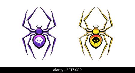 Spider Logo mit Vampir Totenkopf und Fengs. Schwarze Spinne Silhouette mit scharfen Gliedmaßen, giftige Spidery Insekt. Satz von Logotypen für Gaming-Design und c Stock Vektor