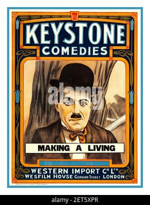 Charlie Chaplin Vintage 1914 Film Movie Cinema Poster Keystone Comedy 1914 - MAKING A LIVING - Henry Lehrman - (1915, British) Farbe Lithographie Stockfoto