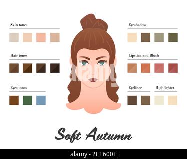 Frauen Farbtypen Analyse - weich Herbst Typ. Eigenschaften von colortype und beste Palette für Make-up. Perfekte Töne von Lippenstift und Lidschatten Stock Vektor