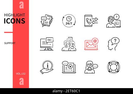 Unterstützung - moderne Linie Design Stil Symbole gesetzt. Kundenservicekonzept. Online-Chat, Call Center-Betreiber, faq, Forum, E-Mail-Management, Informationen, Stock Vektor
