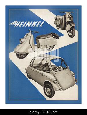 Vintage Poster für deutsche Heinkel Post WW2 Roller und 'Bubble Three Wheeler Car' 1950 Stockfoto