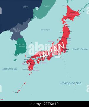 JAPAN Detaillierte editierbare Karte mit Regionen Städte und Städte, geografische Standorte. Vector EPS-10-Datei Stock Vektor