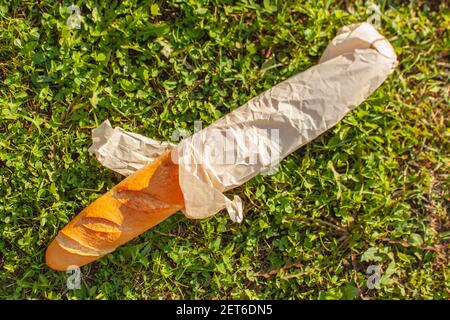 Baguette in Papierverpackungen liegen auf dem Gras. Draufsicht Stockfoto