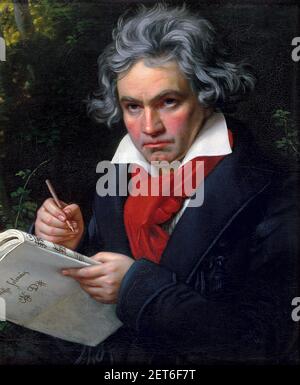 Beethoven; Porträt des deutschen Komponisten Ludwig van Beethoven (1770-1827) mit der Handschrift der Missa solemnis, Gemälde von Joseph Karl Stieler, 1820 Stockfoto