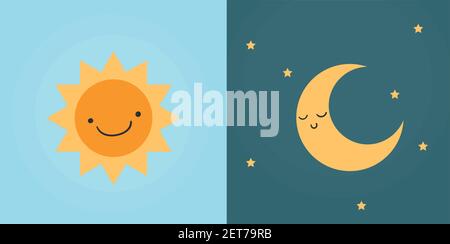 Tag und Nacht Symbole mit niedlichen Gesichtern. Dunkle und helle Modi. Vektor Stock Vektor