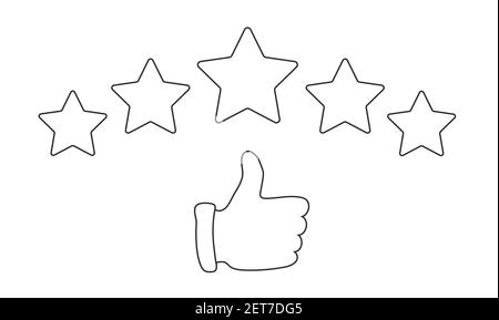 Daumen nach oben zeigt auf positives 5-Sterne-Feedback. Bewertung, Bewertung, Erfolg, Feedback, Qualität Stock Vektor