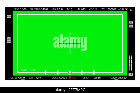 Grüner Bildschirm, farbiger Hintergrund. Leerer grüner Hintergrund mit VFX-Markierungen zur Bewegungsverfolgung. Bildschirm von modernen digitalen Camcordern. Chroma-Tastatur für Stock Vektor