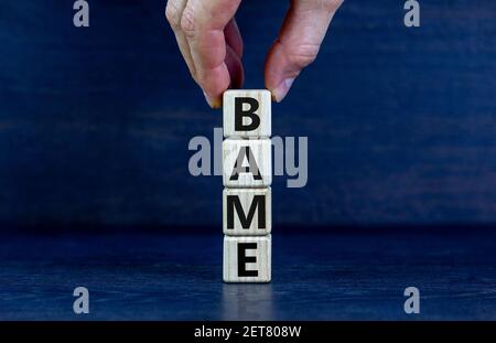 BAME-Symbol. Abkürzung BAME, schwarz, asiatisch und Minderheit ethnisch auf Holzwürfel. Schöner grauer Hintergrund. Speicherplatz kopieren. Business und BAME, Black, Asi Stockfoto