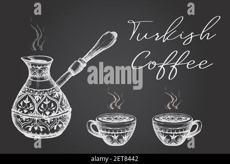 Alte türke und Kaffeebecher auf schwarzem Hintergrund.Alte Cezve mit Tassen.Kaffee Text.Hand gezeichnet Vektor Illustration Stock Vektor