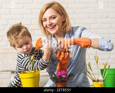 Mutter und Sohn zusammen sprühen Frühlingsblume in Topf. Das kleine Kind hilft der Mutter bei der Pflege von Pflanzen. Familienpflanzen. Stockfoto