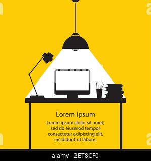 Schreibtisch, flache Design-Objekte, schwarzer Arbeitsplatz isoliert auf gelbem Hintergrund, Lampe mit weißem Licht, Vektor-Illustration Stock Vektor