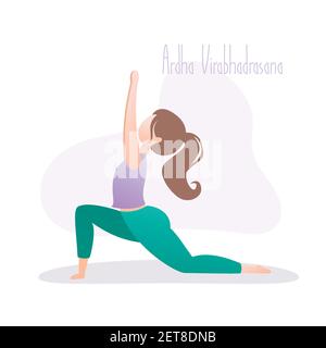 Mädchen tun Yoga Pose, halb Krieger Pose oder Ardha Virabhadrasana asana In Hatha Yoga, Vektor-Illustration im trendigen Stil Stock Vektor