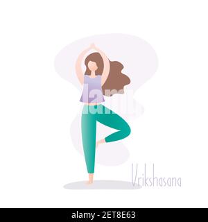 Mädchen stehen in Yoga-Pose, Baum Pose ist eine ausgleichende Asana In Hatha Yoga, Vektor-Illustration im trendigen Stil Stock Vektor