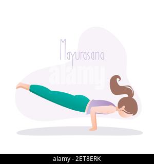 Mädchen tun Yoga Pose, Mayurasana oder Peacock Pose ist eine Hand-Balancing Asana in Hatha Yoga, Vektor-Illustration im trendigen Stil Stock Vektor