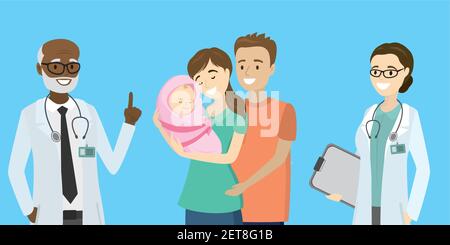 Schönheit Vater und Mutter mit neugeborenen Baby und glückliche Ärzte, postnatal Gesundheitskonzept, Cartoon-Vektor-Illustration Stock Vektor