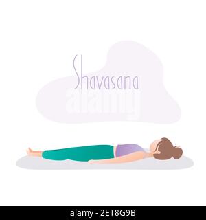 Mädchen tun Yoga Pose, Leiche Pose oder Shavasana Asana in Hatha Yoga, Vektor-Illustration im trendigen Stil Stock Vektor