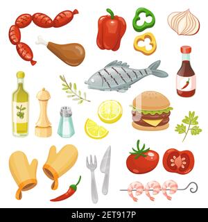 Set von Sommer Grillparty Elemente mit gegrilltem Fisch, Huhn, Garnelen Drumstick, Burger, Peeper, Würstchen und Gewürze. Isolierte Elemente. Vektor Stock Vektor