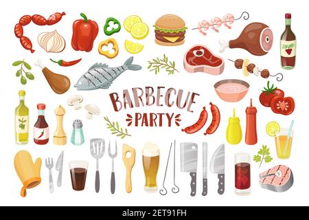 Symbole für Grillparty eingestellt. Gegrillter Fisch, Fleisch, Huhn, Garnelen, Drumstick, Würstchen, Burger, Peeper, Getränke, Saucen und Gewürze. Isolierte Elemente. Stock Vektor