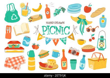 Für einen Picknick-Tag. Handgezeichneter Picknickkorb, Getränke, Thermoskannen, Tassen, Teller, Essen, Sonnenschutz und mehr. Isoliert auf weißem Hintergrund. Stock Vektor