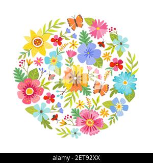 Bunte runde Form aus Blumen. Saisonaler Hintergrund. Kann für Grußkarten, Hochzeitskarten, Geschenke, Postkarten, Einladungen verwendet werden. Vektor illustrr Stock Vektor