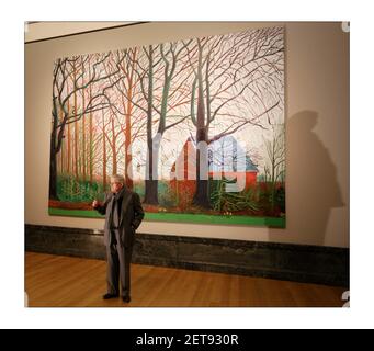 Der britische Künstler David Hockney (L) posiert für Fotografien neben einem Ausschnitt seines Gemäldes 'Bigger Tree's Near Warter', in der Tate Britain in London. David Hockney hat das Kunstwerk der Tate Britainphotograph von David Sandison The Independent 7/4/2008 geschenkt Stockfoto