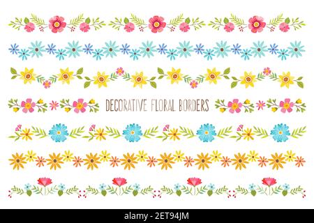 Set von bunten dekorativen floralen Bordüren. Perfekt für florale Rahmendesigns und Textteiler. Vektorgrafik. Stock Vektor