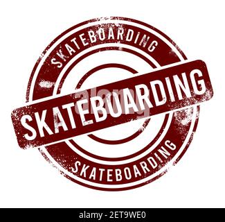 Skateboarding - roter runder Grunge-Knopf, Stempel Stockfoto