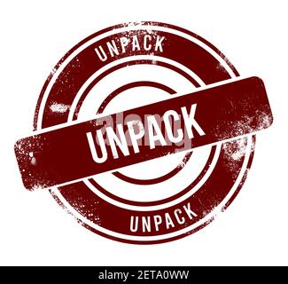 Auspacken - roter runder Grunge-Knopf, Stempel Stockfoto