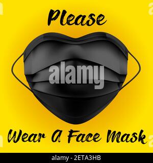 Bitte tragen Sie eine Maske Danke Warnschild mit einer Gesichtsmaske Form und Herz-Symbol. Vektorbild. Schwarze Maske auf gelbem Hintergrund Stock Vektor