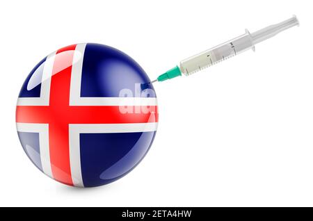 Spritze mit isländischer Flagge. Impfung in Island Konzept, 3D Rendering isoliert auf weißem Hintergrund Stockfoto