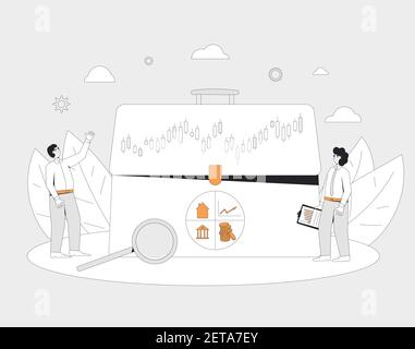 Portfolio-Investment oder ETF-Konzept. Experte mit Kleininvestor. Exchange Traded Funds. Vektorfarbe Linie Kunst Illustration. Stock Vektor