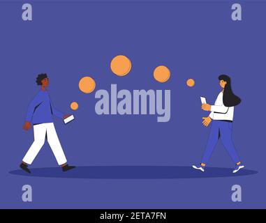 Online-Zahlungskonzept. Sichere mobile Bezahlung. Charaktere mit Telefonen übertragen sich gegenseitig ein Geld. Vektorfarbe Linie Kunst Illustration. Stock Vektor